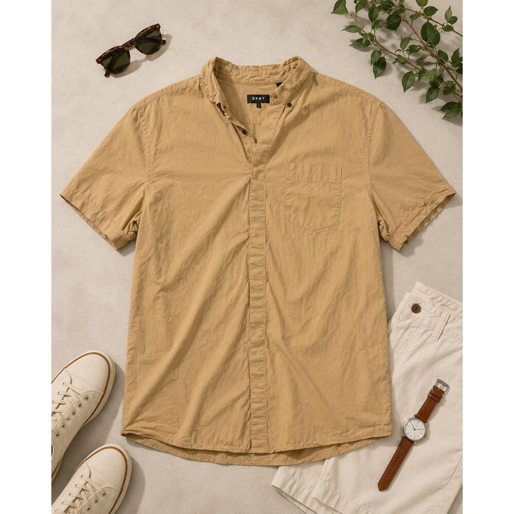 DKNY Mens Large Tan Beige Short Sleeve Button Up Shirt Hidden Placket Pocket